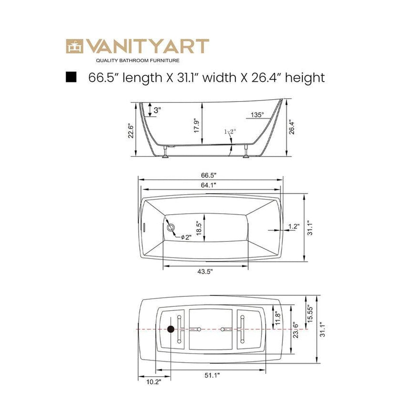Vanity Art 67" White Acrylic Contemporary Design Soaking Tub With Overflow and Pop-up Drain