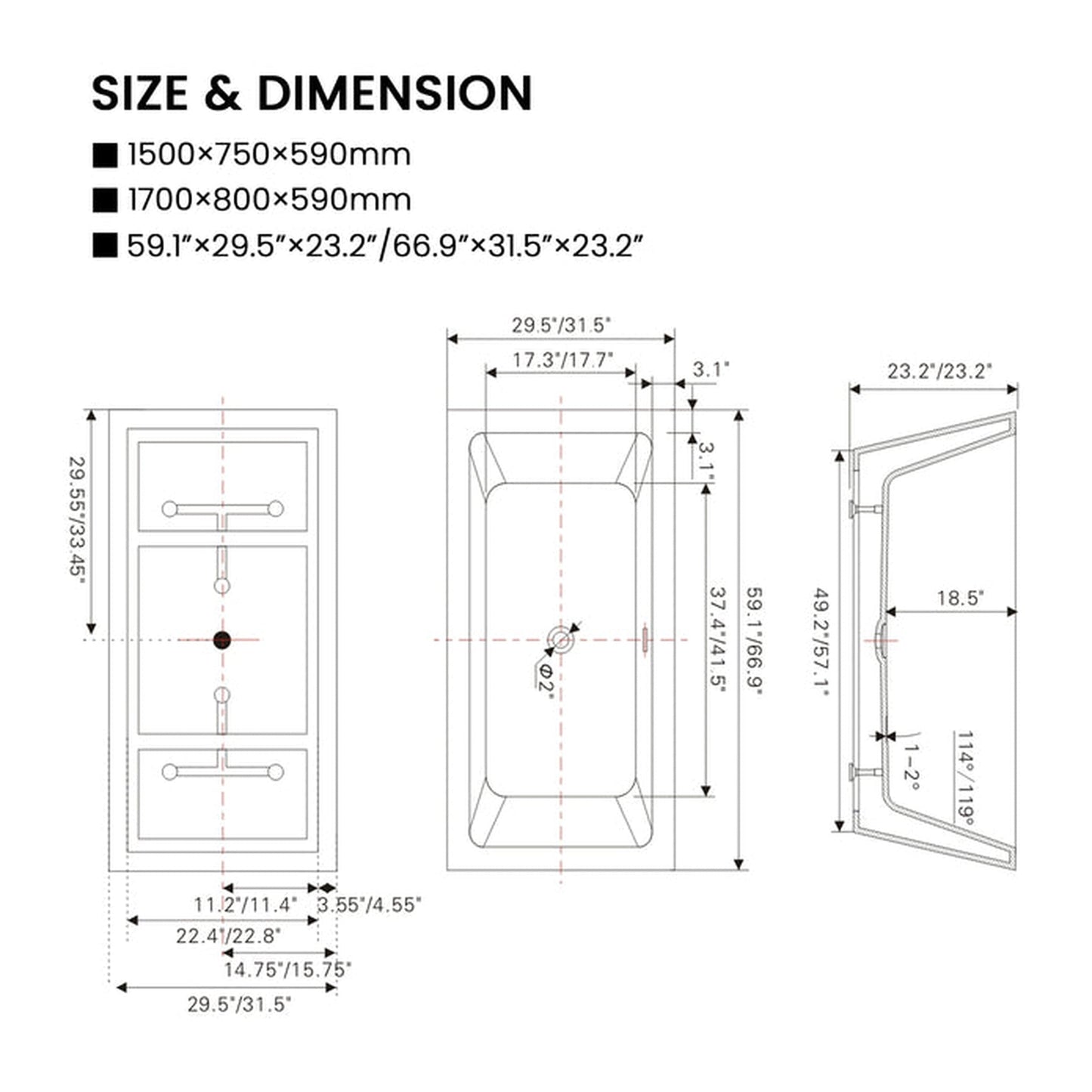 Vanity Art 67" x 32" White Acrylic Rectangle Freestanding Bathtub With Polished Chrome Pop-up Drain, Slotted Overflow and Flexible Drain Hose