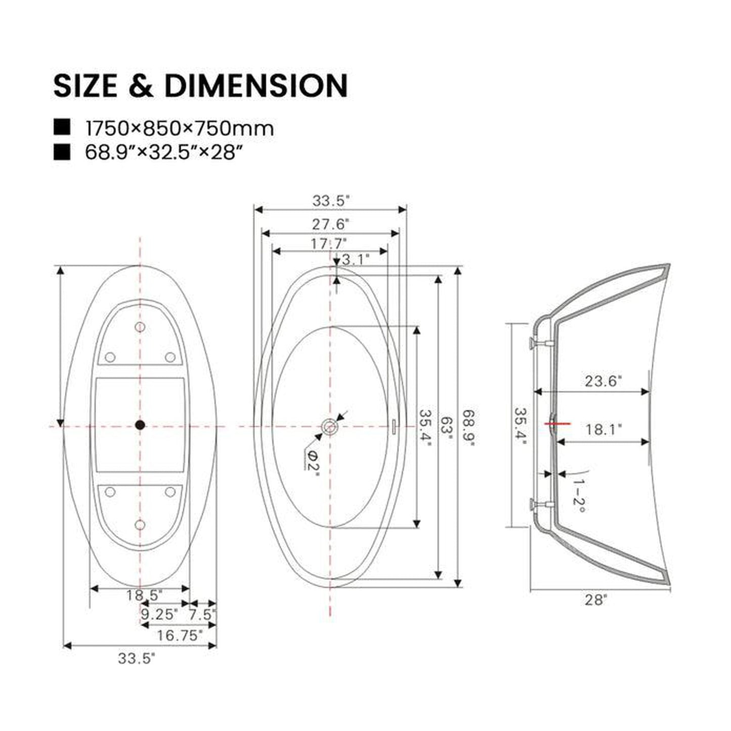 Vanity Art 69" W x 28" H White Acrylic Freestanding Bathtub With Polished Chrome Pop-up Drain Slotted Overflow and Flexible Drain Hose