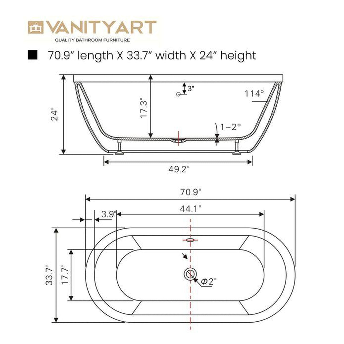 Vanity Art 71" W x 24" H White Acrylic Freestanding Bathtub With Polished Chrome Round Overflow and Pop-up Drain