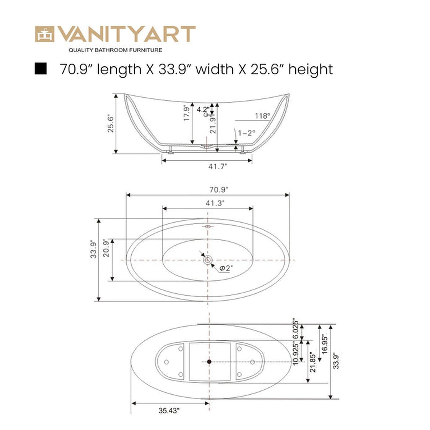 Vanity Art 71" W x 26" H White Acrylic Non-Slip Oval Freestanding Bathtub With Matte Black Pop-up Drain, Overflow and Flexible Drain Hose