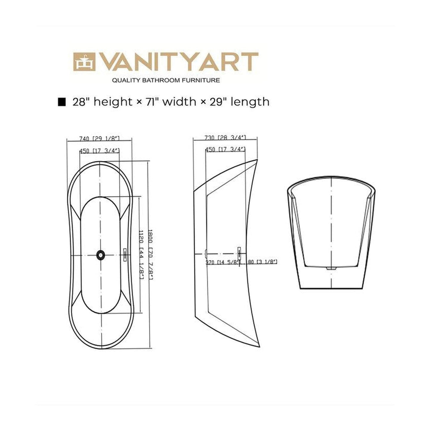 Vanity Art 71" W x 28" H White Acrylic Modern Stand Alone Soaking Tub With Polished Chrome Slotted Overflow and Pop-up Drain
