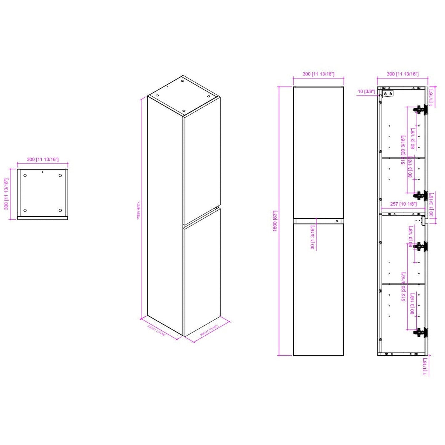 Vanity Art Annecy 12" W x 63" H Glossy Wall Mounted Vanity Cabinet With LED Sensor Switch Light and 2 Soft Closing Doors