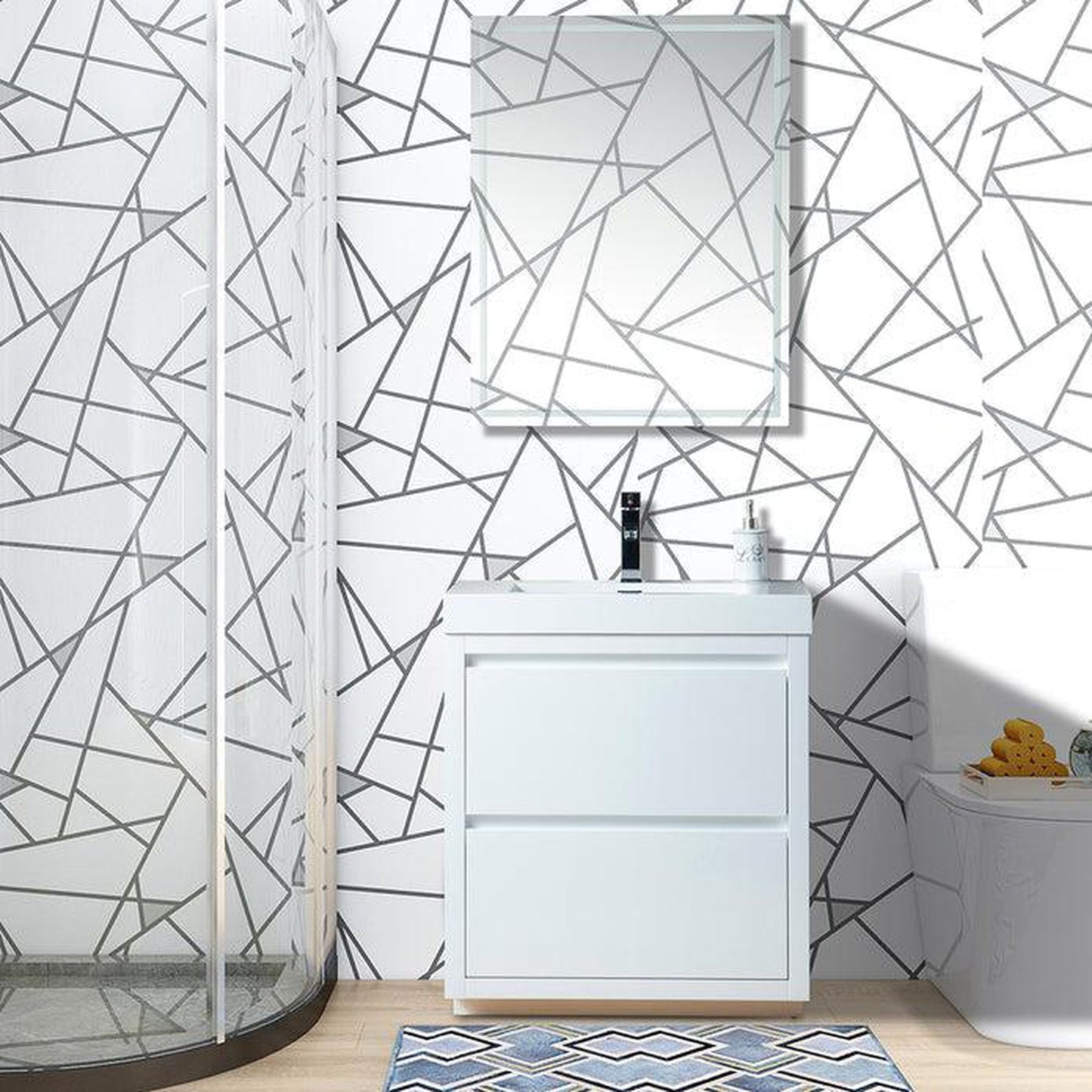 Vanity Art Annecy 30" Glossy White Floor Standing Wall Mounted Vanity Set With White Engineered Stone Top, Integrated Single Sink, Mirror