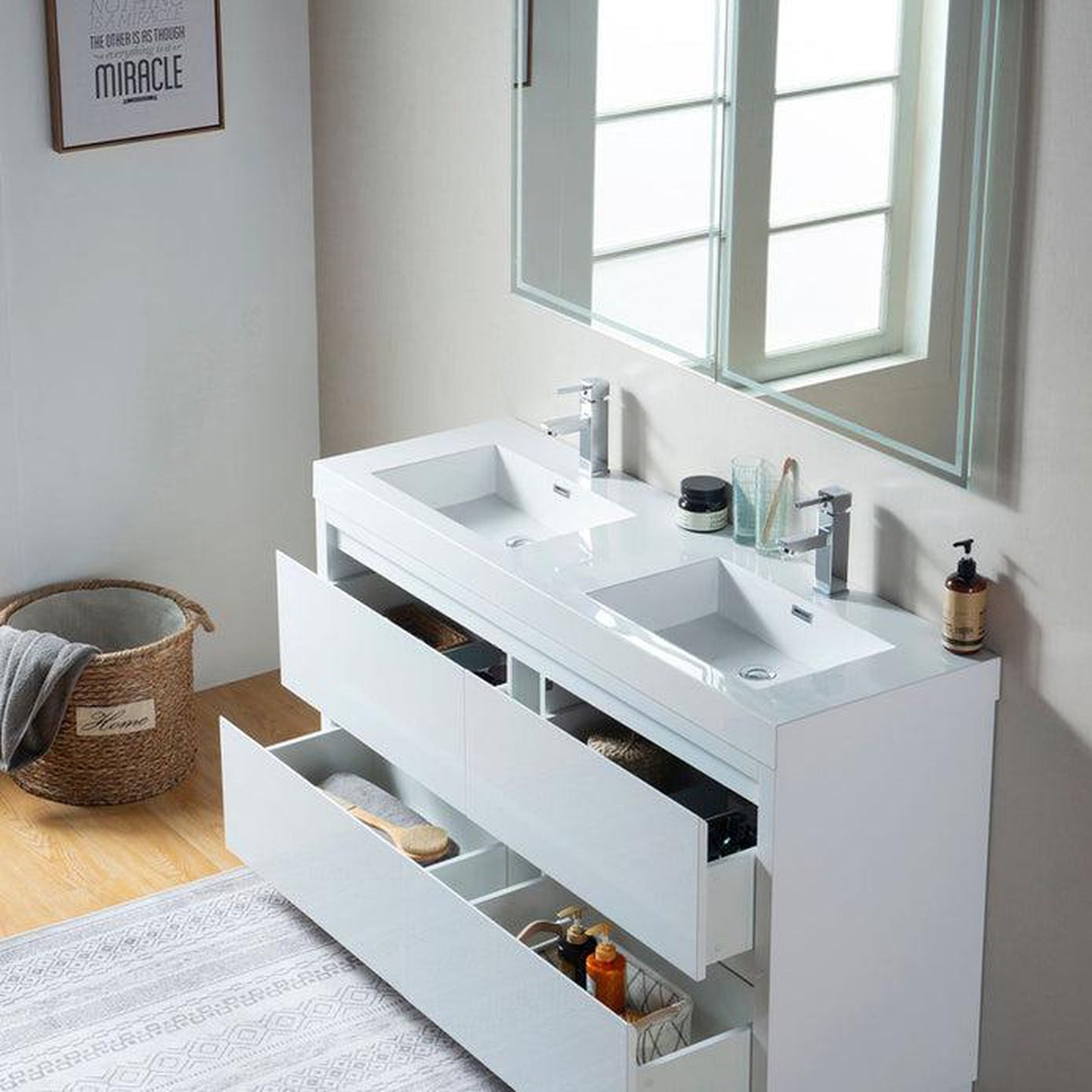 Vanity Art Annecy 60" Glossy White Floor Standing Wall Mounted Vanity Set With White Engineered Stone Top and Integrated Double Sink