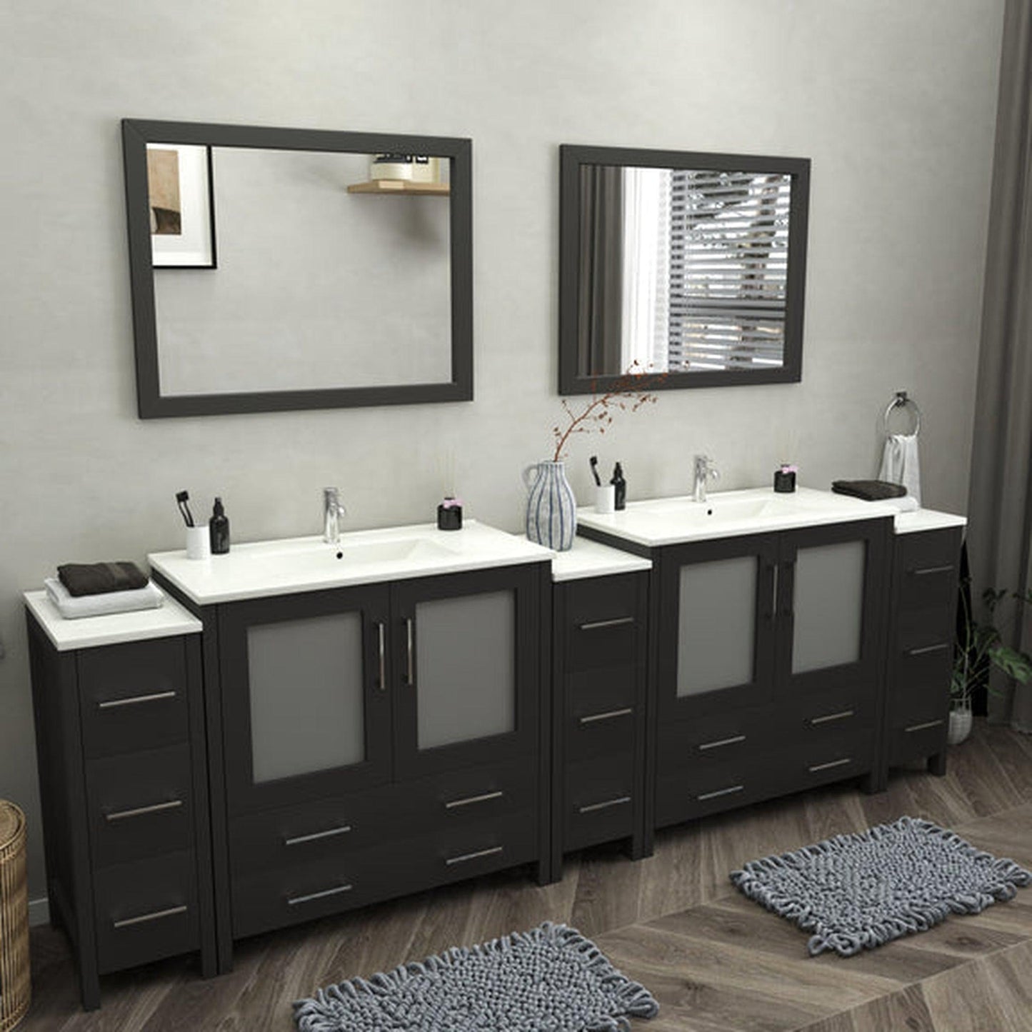 Vanity Art Brescia 108" Double Espresso Freestanding Modern Bathroom Vanity Set With Integrated Ceramic Sink, 2 Shelves, 13 Dovetail Drawers and 2 Mirrors