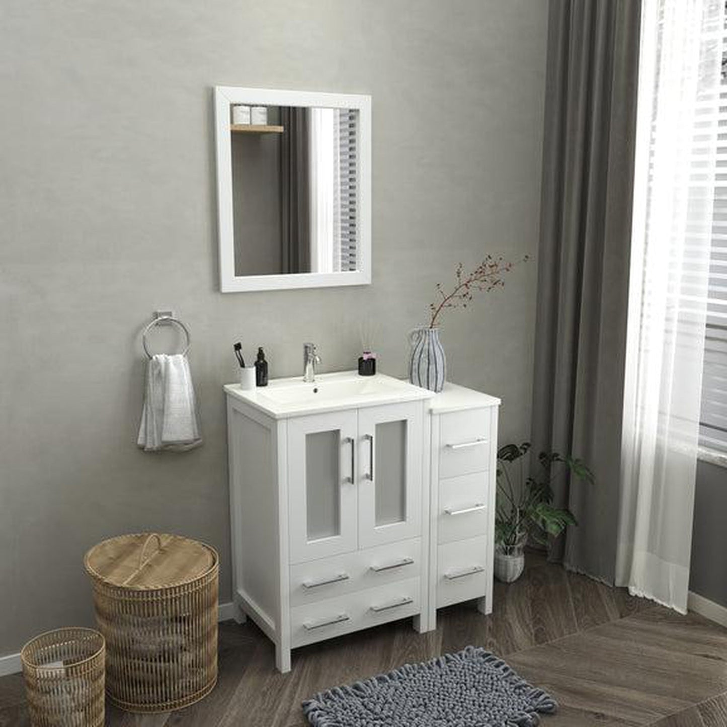 Vanity Art Brescia 36" Single White Freestanding Modern Bathroom Vanity Set With Integrated Ceramic Sink, 1 Shelf, 1 Side Cabinet and Mirror