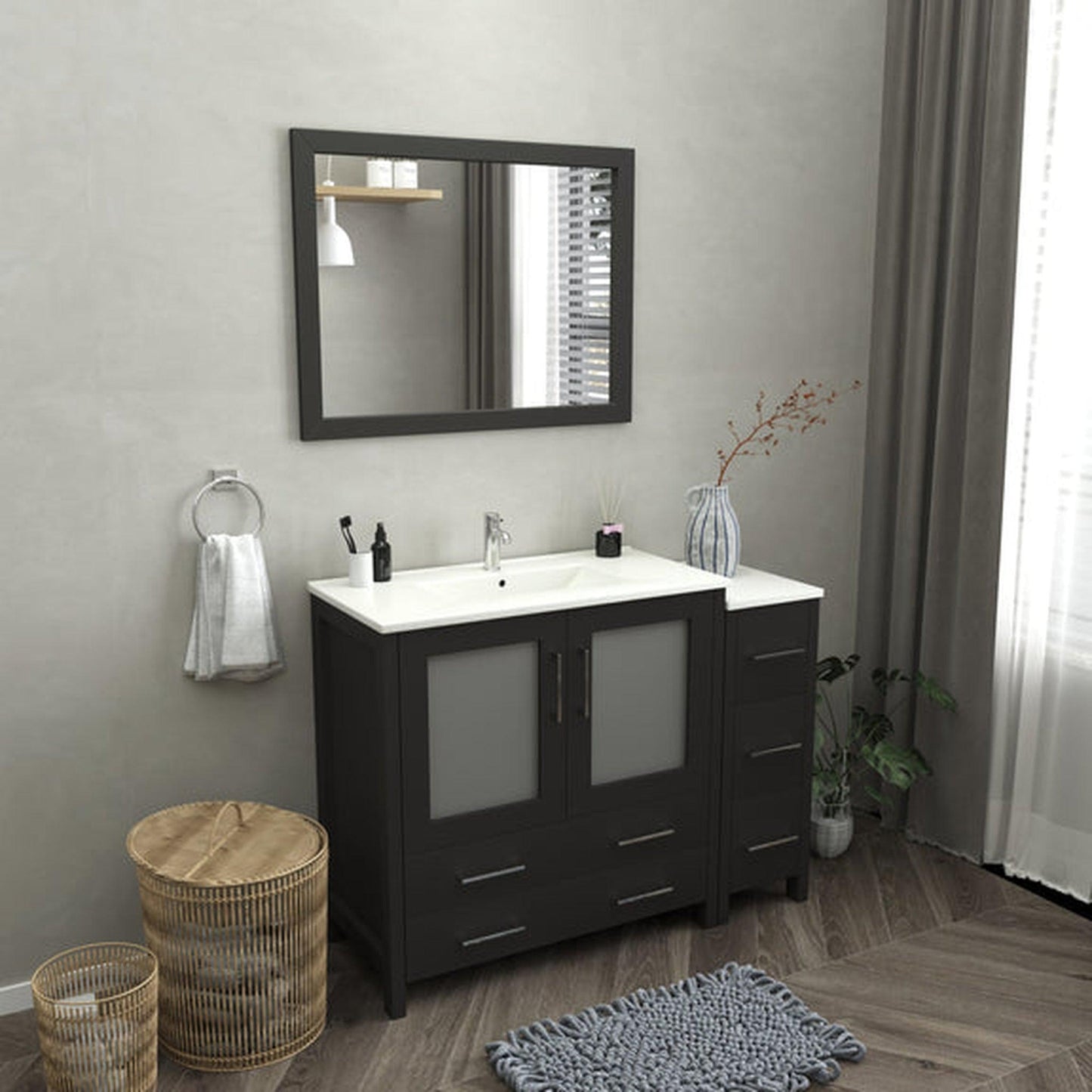 Vanity Art Brescia 48" Single Espresso Freestanding Modern Bathroom Vanity Set With Integrated Ceramic Sink, 1 Side Cabinet and Mirror