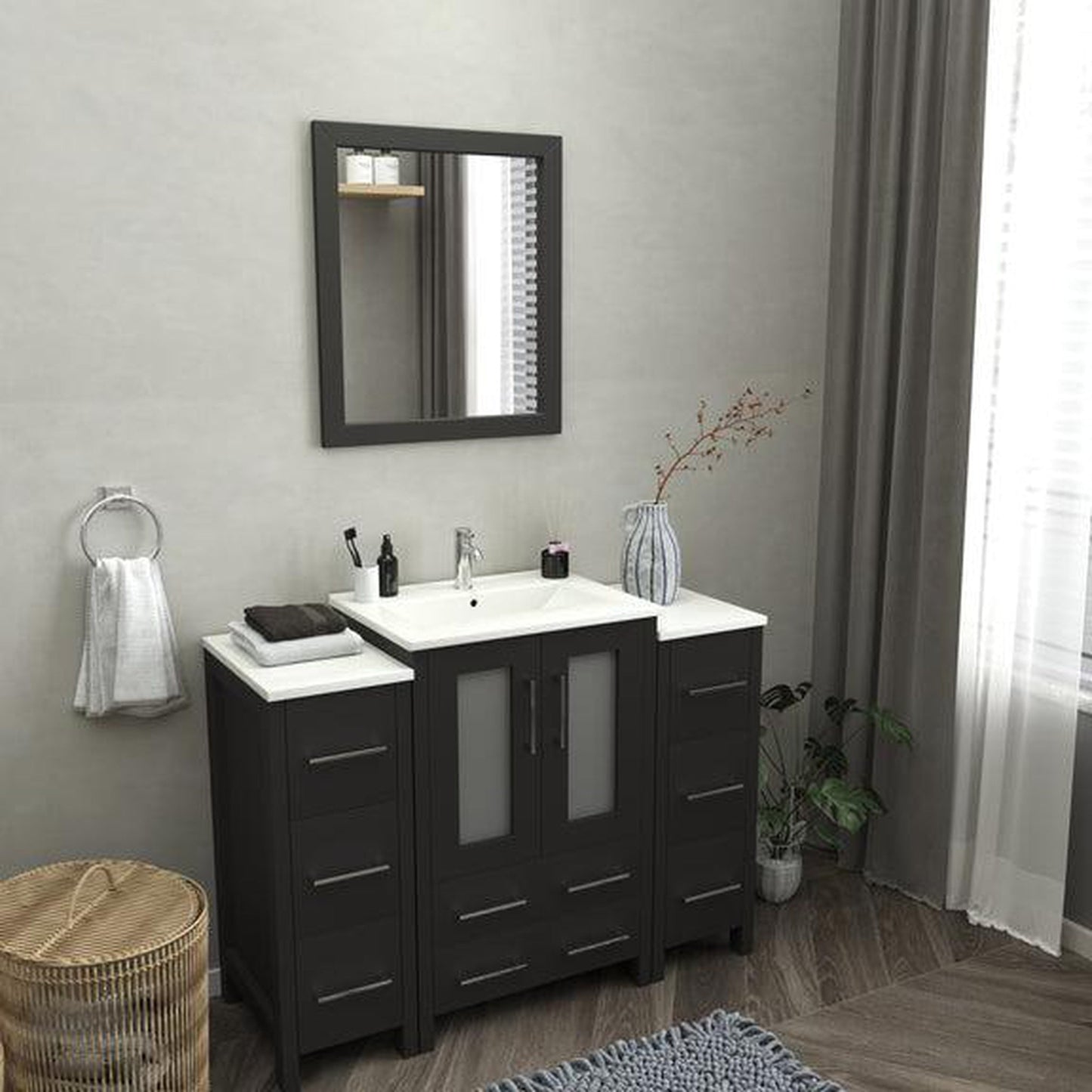 Vanity Art Brescia 48" Single Espresso Freestanding Modern Bathroom Vanity Set With Integrated Ceramic Sink, 2 Side Cabinet and Mirror