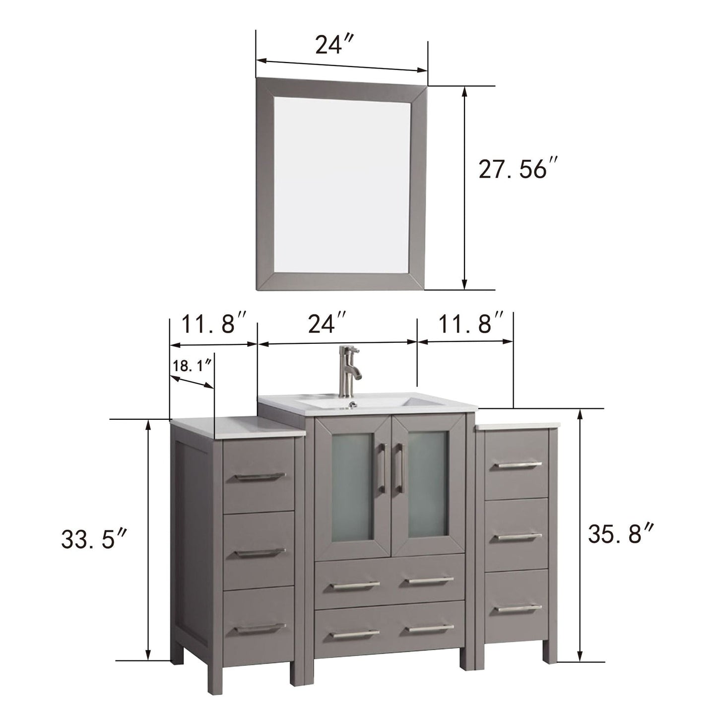 Vanity Art Brescia 48" Single Gray Freestanding Modern Bathroom Vanity Set With Integrated Ceramic Sink, 2 Side Cabinet and Mirror