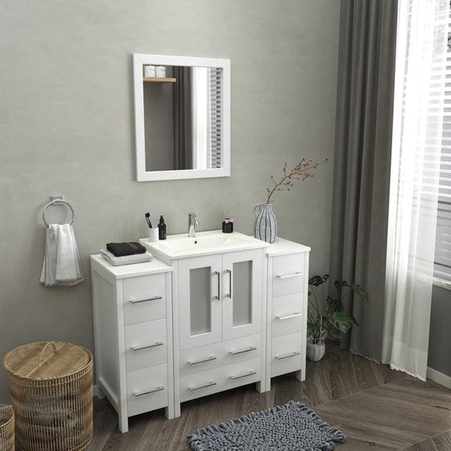 Vanity Art Brescia 48" Single White Freestanding Modern Bathroom Vanity Set With Integrated Ceramic Sink, 2 Side Cabinet and Mirror