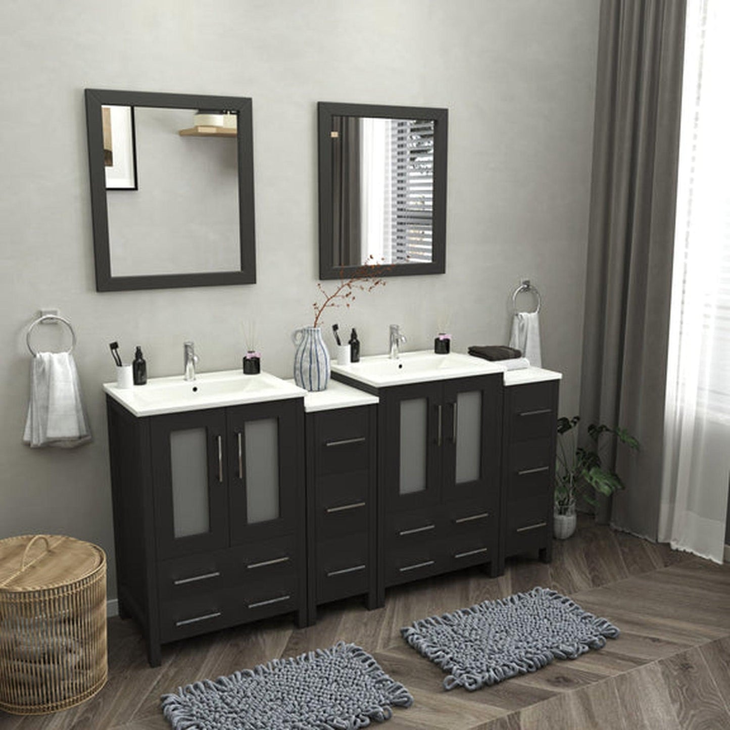 Vanity Art Brescia 72" Double Espresso Freestanding Vanity Set With Integrated Ceramic Sink, 2 Side Cabinets and 2 Mirrors