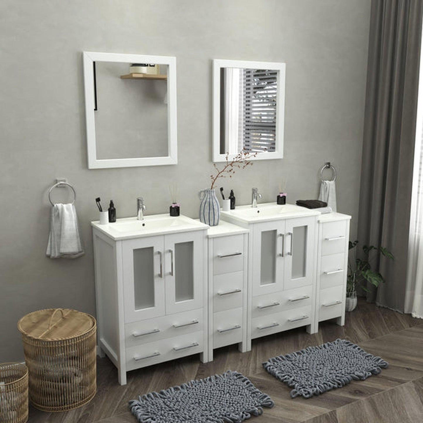 Vanity Art Brescia 72" Double White Freestanding Vanity Set With Integrated Ceramic Sink, 2 Side Cabinets and 2 Mirrors