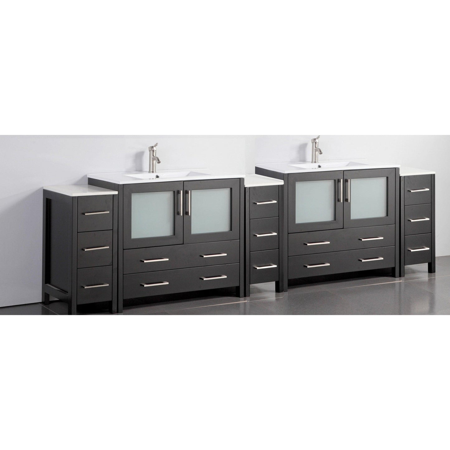 Vanity Art Brescia 96" Double Espresso Freestanding Modern Bathroom Vanity Set With Ceremic Top, 2-Side Cabinets and 2 Mirrors