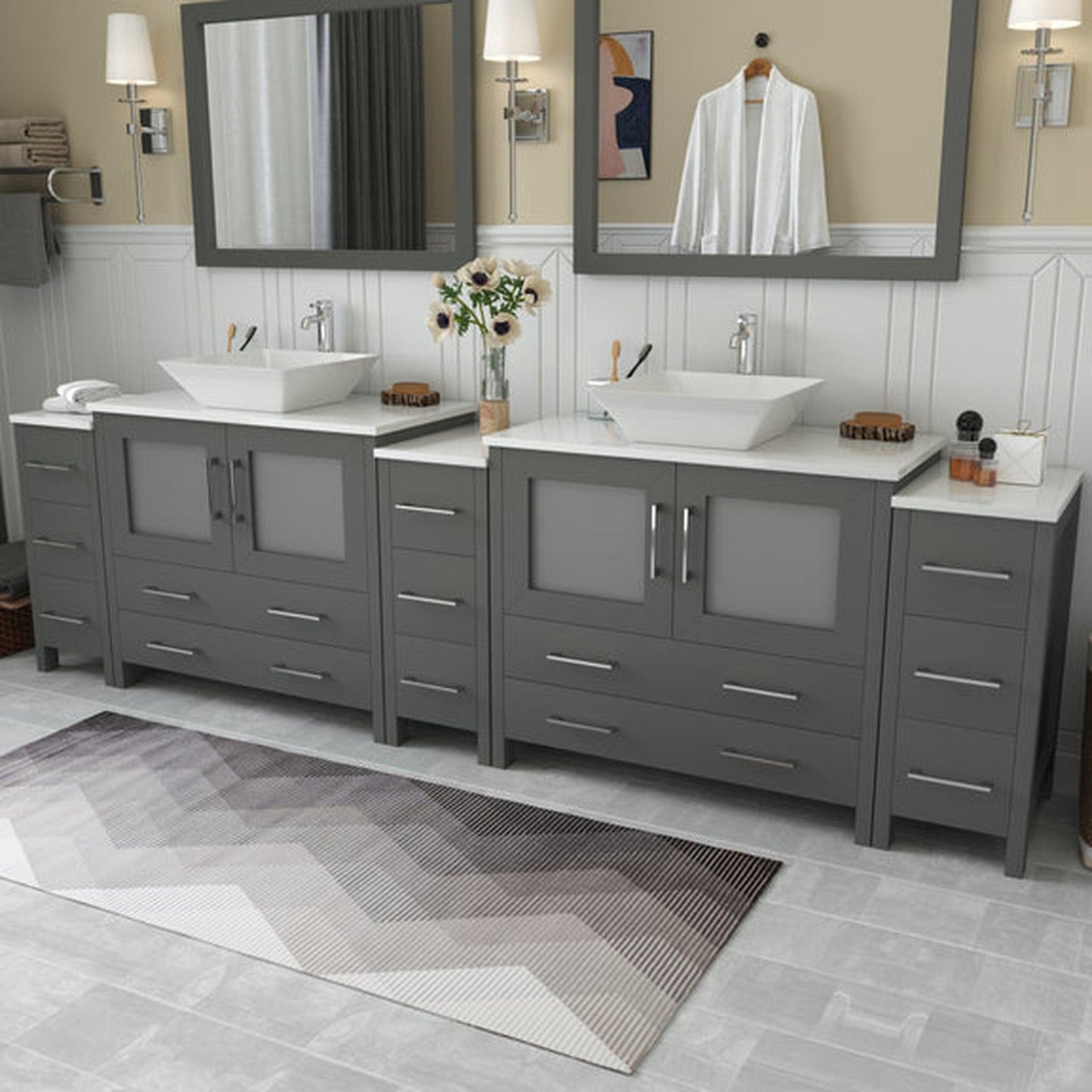 Vanity Art Ravenna 108" Double Gray Freestanding Vanity Set With White Engineered Marble Top, 2 Ceramic Vessel Sinks, 3 Side Cabinets and 2 Mirrors