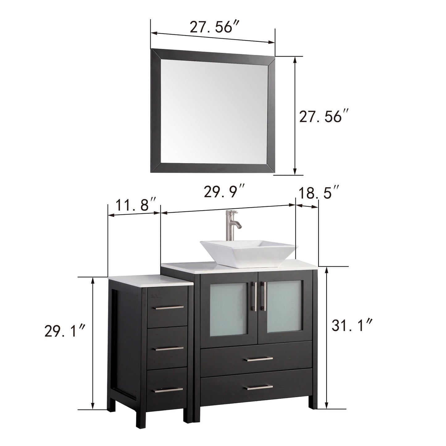 Vanity Art Ravenna 42" Single Espresso Freestanding Vanity Set With White Engineered Marble Top, Ceramic Vessel Sink, 1 Side Cabinet and Mirror