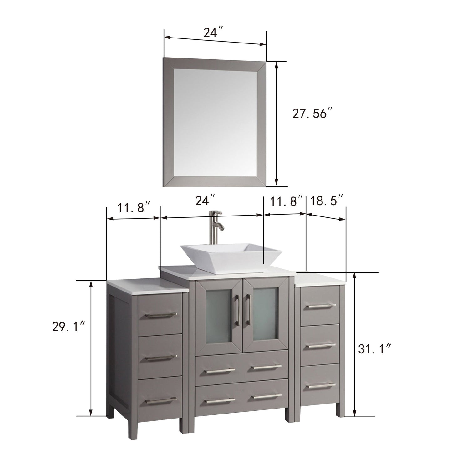 Vanity Art Ravenna 48" Single Gray Freestanding Vanity Set With White Engineered Marble Top, Ceramic Vessel Sink, 2 Side Cabinet and Mirror