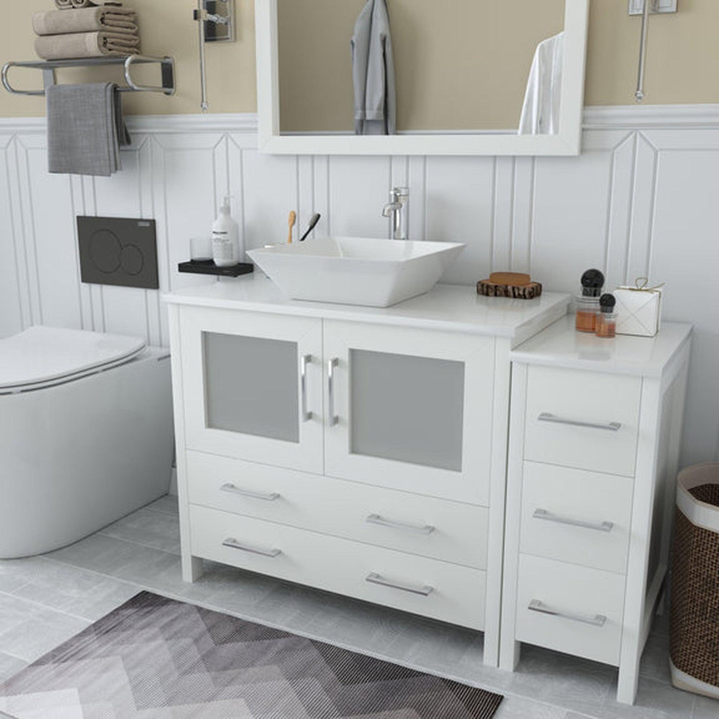 Vanity Art Ravenna 48" Single White Freestanding Vanity Set With White Engineered Marble Top, Ceramic Vessel Sink, 1 Side Cabinet and Mirror