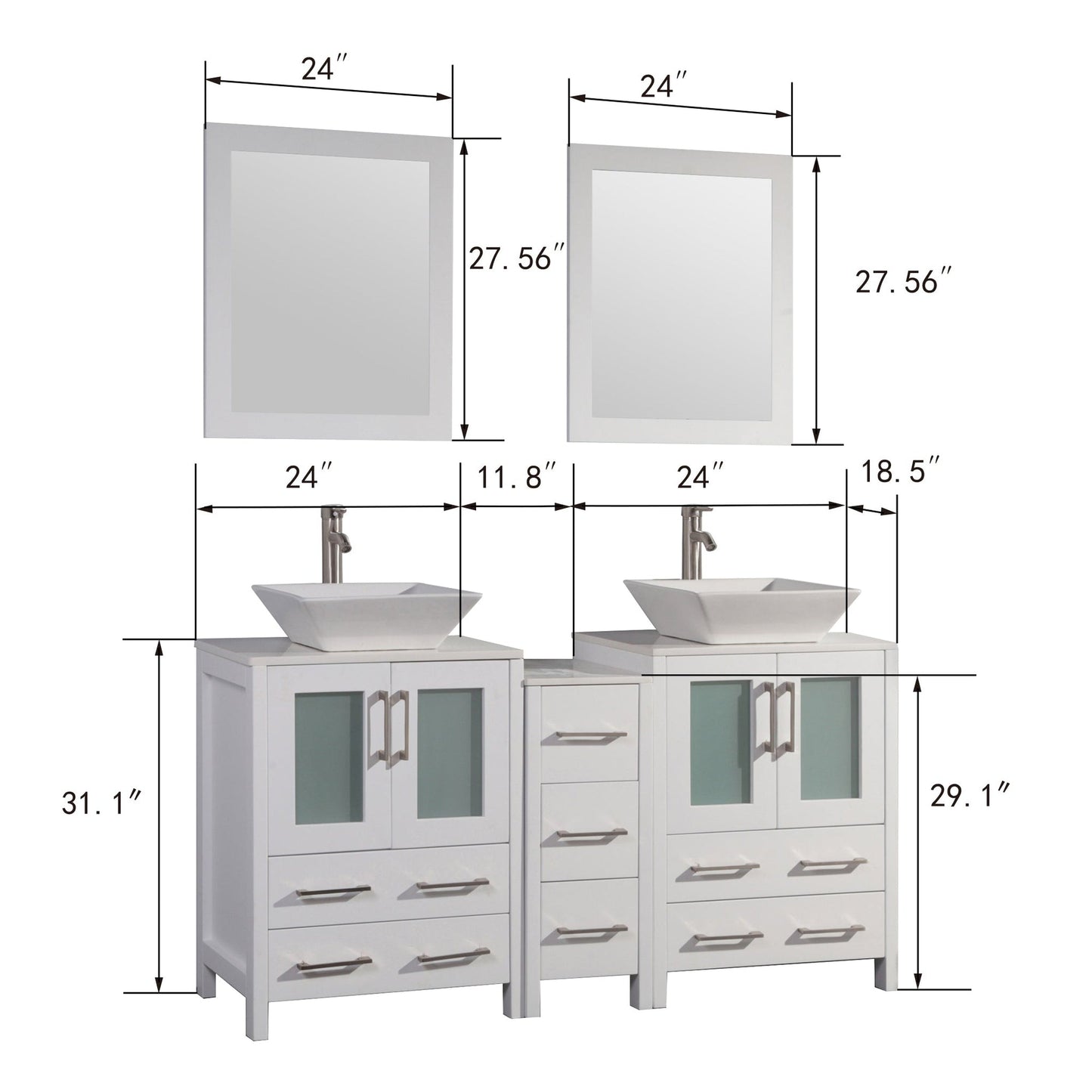 Vanity Art Ravenna 60" Double White Freestanding Vanity Set With White Engineered Marble Top, 2 Ceramic Vessel Sinks, 1 Side Cabinet and 2 Mirrors
