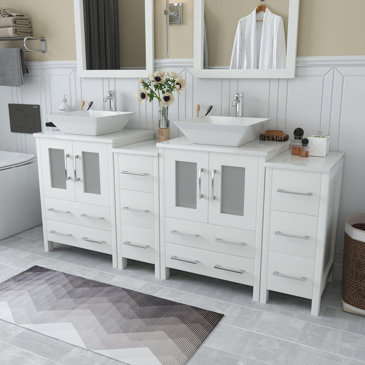 Vanity Art Ravenna 72" Double White Freestanding Vanity Set With White Engineered Marble Top, 2 Ceramic Vessel Sinks, 2 Side Cabinets and 2 Mirrors