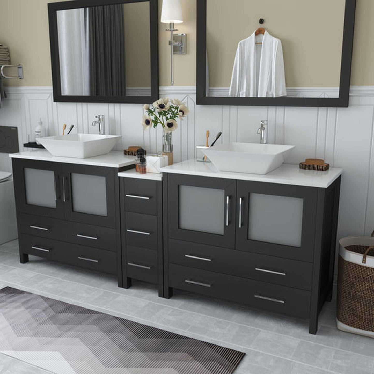 Vanity Art Ravenna 84" Double Espresso Freestanding Vanity Set With White Engineered Marble Top, 2 Ceramic Vessel Sinks, 1 Side Cabinet and 2 Mirrors