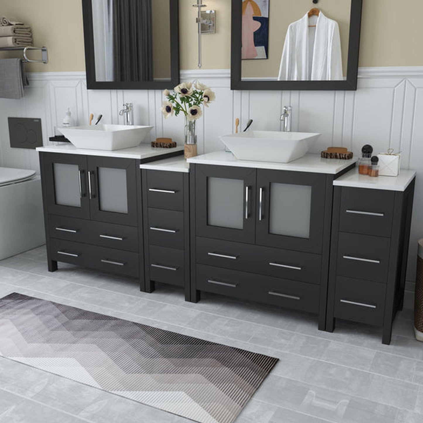 Vanity Art Ravenna 84" Double Espresso Freestanding Vanity Set With White Engineered Marble Top, 2 Ceramic Vessel Sinks, 2 Side Cabinets and 2 Mirrors