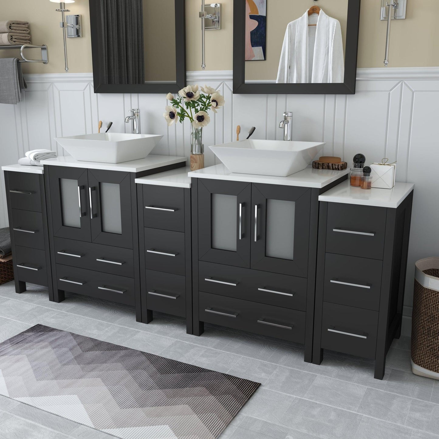 Vanity Art Ravenna 84" Double Espresso Freestanding Vanity Set With White Engineered Marble Top, 2 Ceramic Vessel Sinks, 3 Side Cabinets and 2 Mirrors