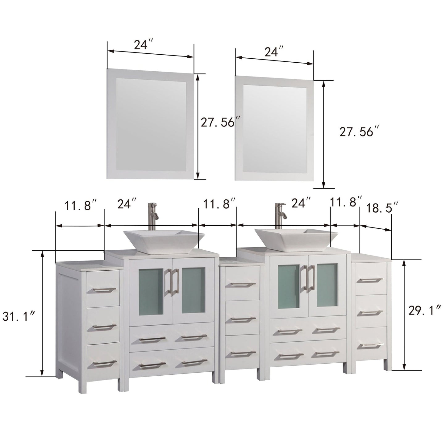 Vanity Art Ravenna 84" Double White Freestanding Vanity Set With White Engineered Marble Top, 2 Ceramic Vessel Sinks, 3 Side Cabinets and 2 Mirrors