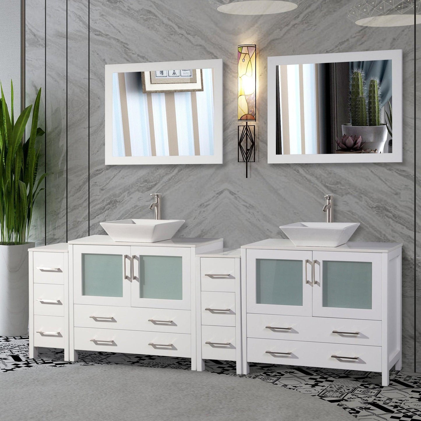 Vanity Art Ravenna 96" Double White Freestanding Vanity Set With White Engineered Marble Top, 2 Ceramic Vessel Sinks, 2 Side Cabinets and 2 Mirrors