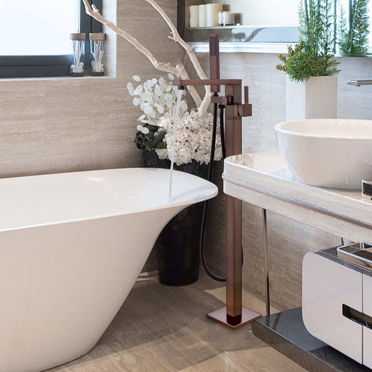 Vanity Art VA2011 34" Oil Rubbed Bronze Freestanding Floor Mounted Bathtub Faucet With Handheld Shower