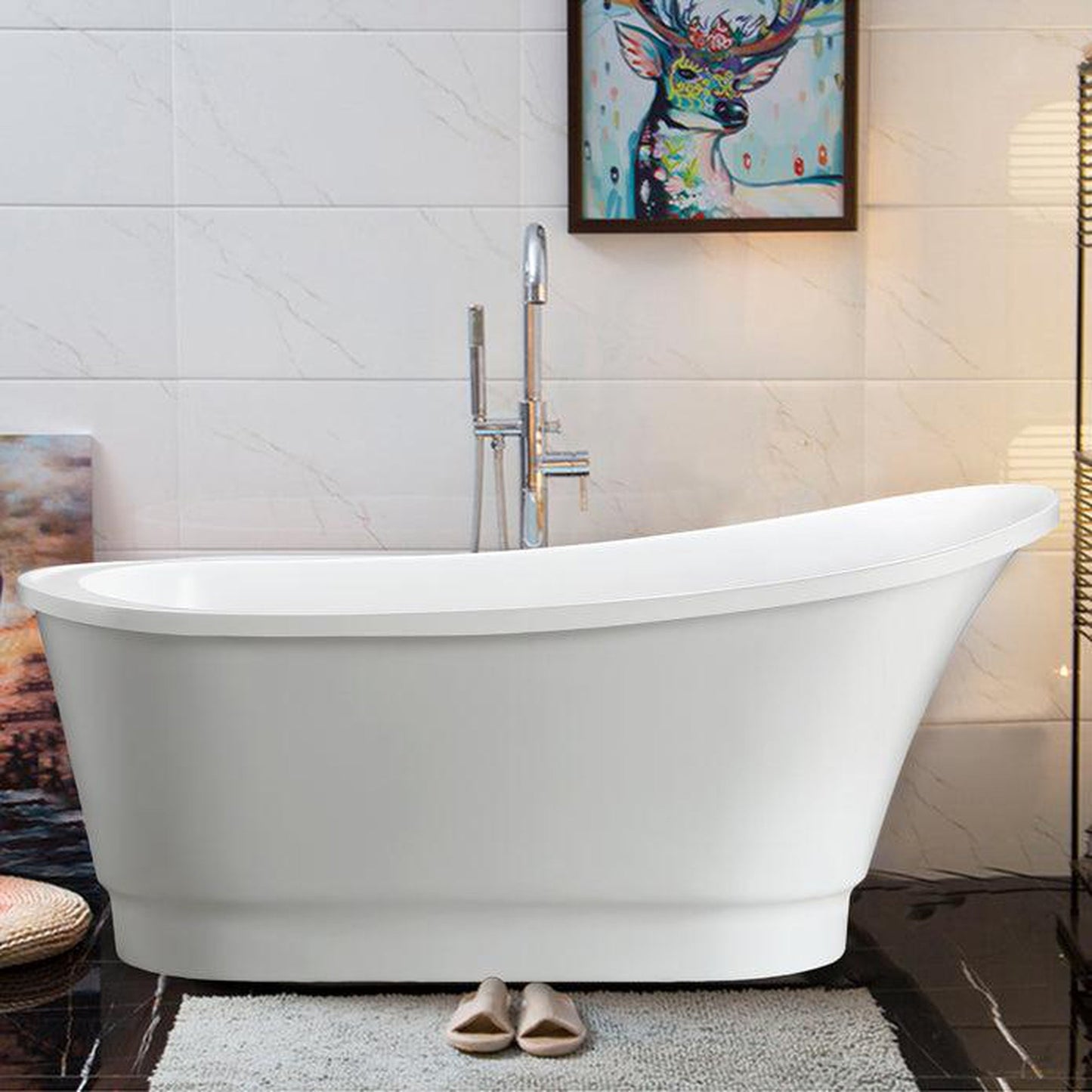 Vanity Art VA6803 67" White Acrylic Modern Freestanding Bathtub With Polished Chrome Pop-up Drain, Overflow and Flexible Drain Hose