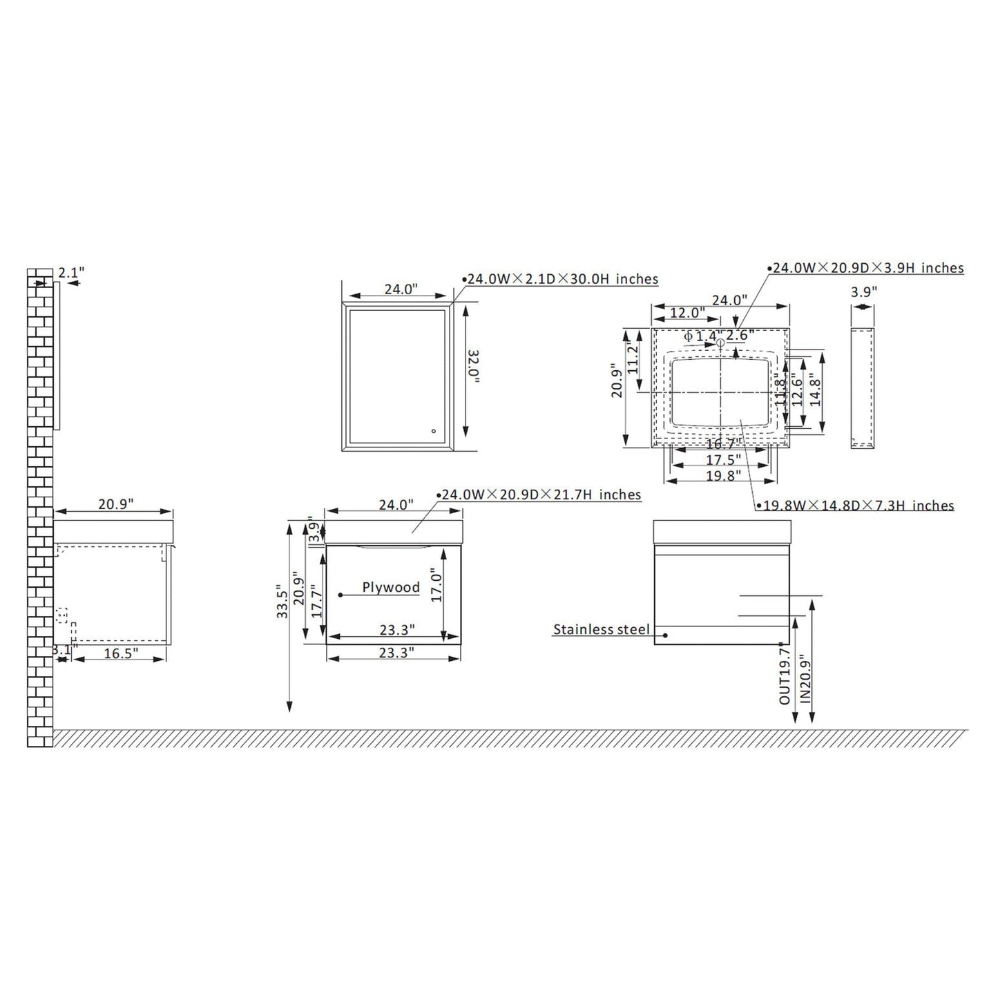 Vinnova Alicante 24" Single Vanity In Classic Blue With White Sintered Stone Countertop And Undermount Sink With Mirror