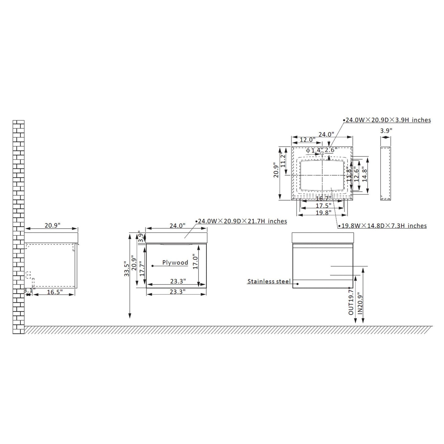 Vinnova Alicante 24" Single Vanity In Classic Blue With White Sintered Stone Countertop And Undermount Sink Without Mirror