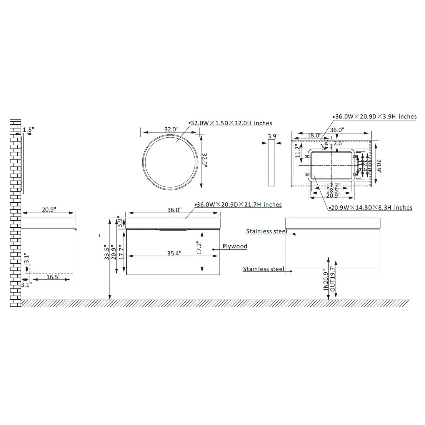 Vinnova Alicante 36" Single Vanity In Elegant Grey With White Sintered Stone Countertop And Undermount Sink With Mirror