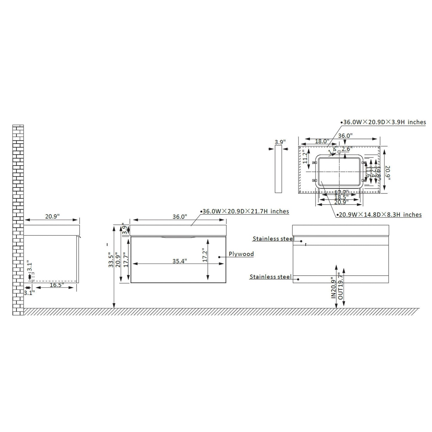 Vinnova Alicante 36" Single Vanity In Elegant Grey With White Sintered Stone Countertop And Undermount Sink Without Mirror