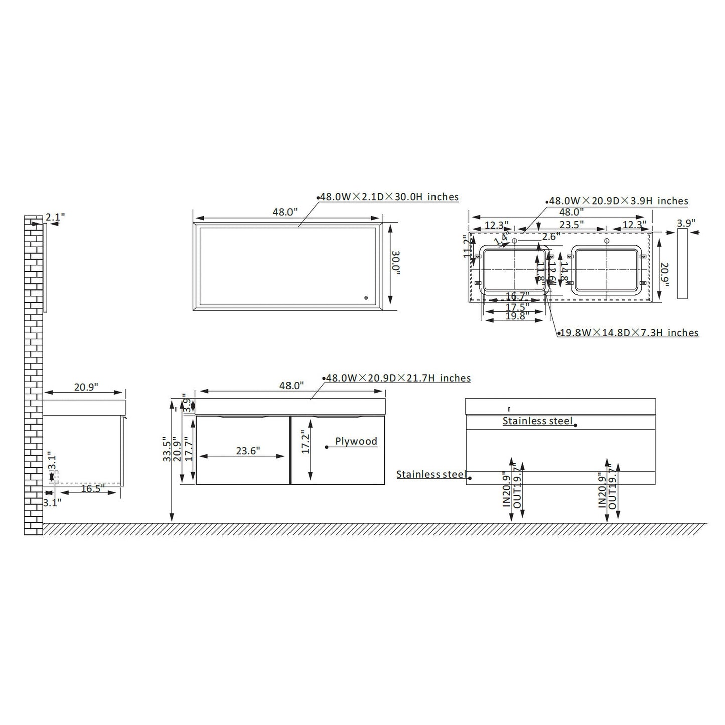 Vinnova Alicante 48" Double Vanity In Elegant Grey With White Sintered Stone Countertop And Undermount Sink With Mirror