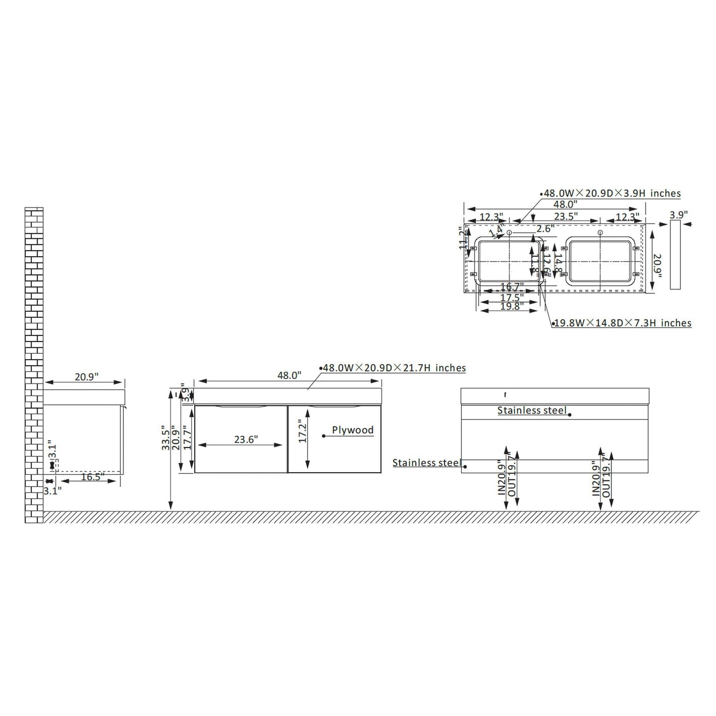 Vinnova Alicante 48" Double Vanity In Elegant Grey With White Sintered Stone Countertop And Undermount Sink Without Mirror