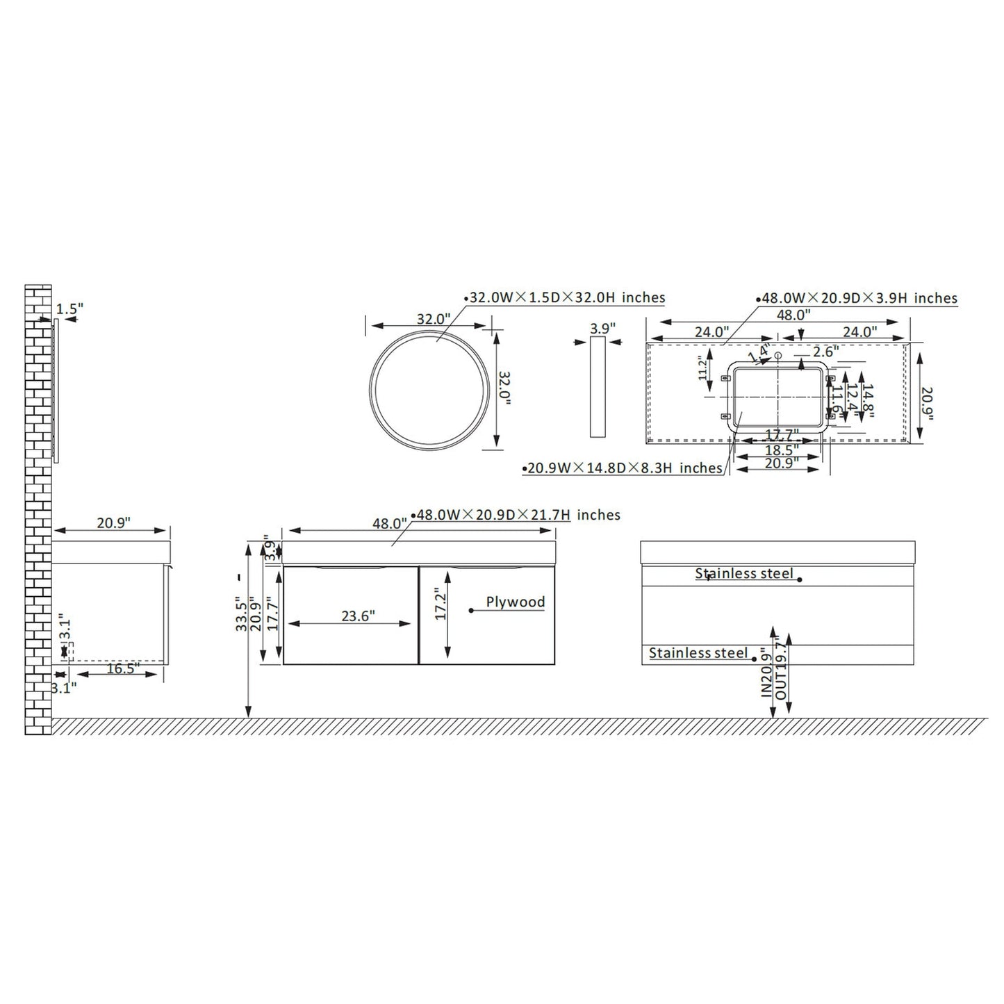 Vinnova Alicante 48" Single Vanity In Classic Blue With White Sintered Stone Countertop And Undermount Sink With Mirror