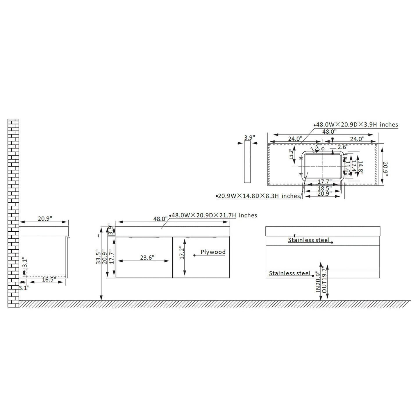 Vinnova Alicante 48" Single Vanity In Classic Blue With White Sintered Stone Countertop And Undermount Sink Without Mirror