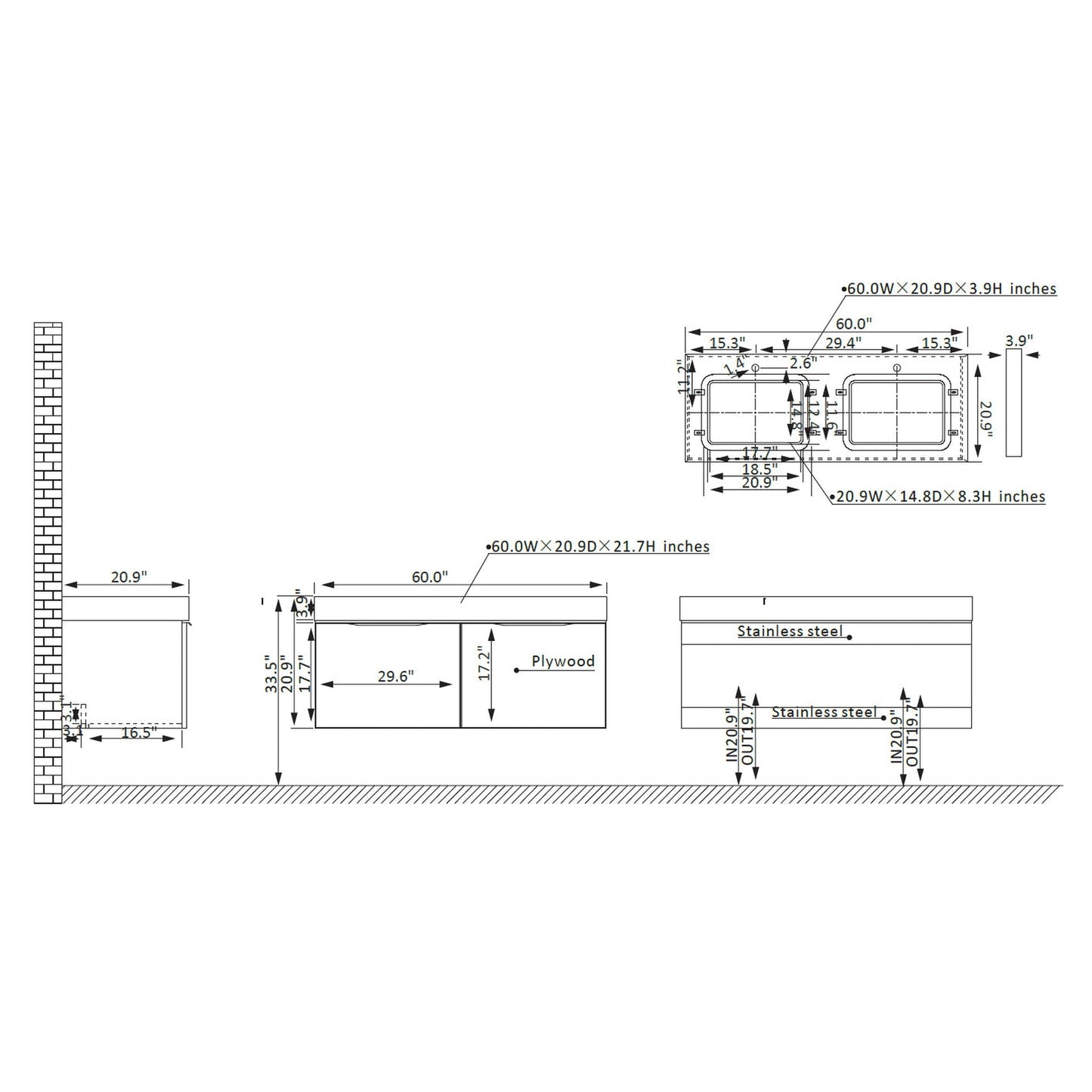 Vinnova Alicante 60" Double Vanity In Classic Blue With White Sintered Stone Countertop And Undermount Sink Without Mirror
