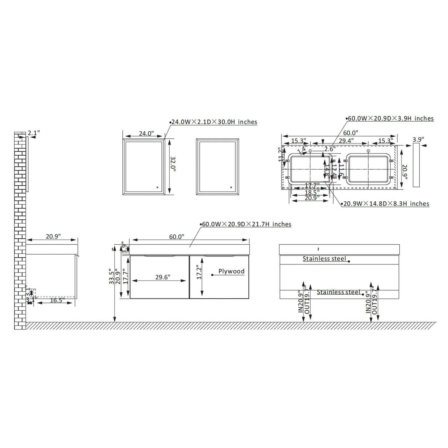 Vinnova Alicante 60" Double Vanity In Elegant Grey With White Sintered Stone Countertop And Undermount Sink With Mirror