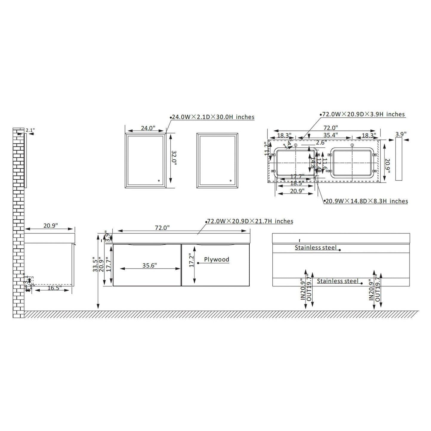 Vinnova Alicante 72" Double Vanity In Elegant Grey With White Sintered Stone Countertop And Undermount Sink With Mirror