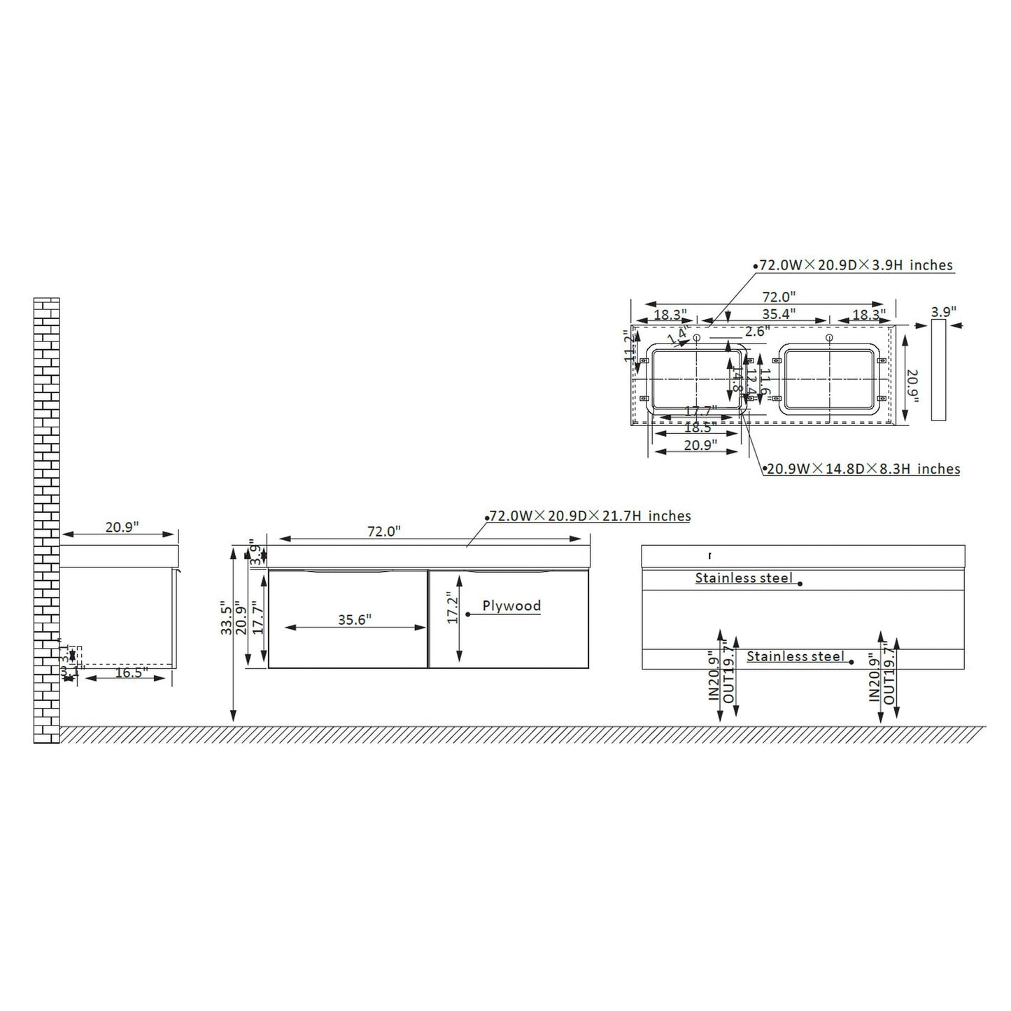 Vinnova Alicante 72" Double Vanity In Elegant Grey With White Sintered Stone Countertop And Undermount Sink Without Mirror