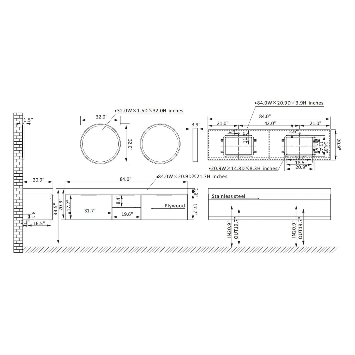 Vinnova Alicante 84" Double Vanity In Classic Blue With White Sintered Stone Countertop And Undermount Sink With Mirror