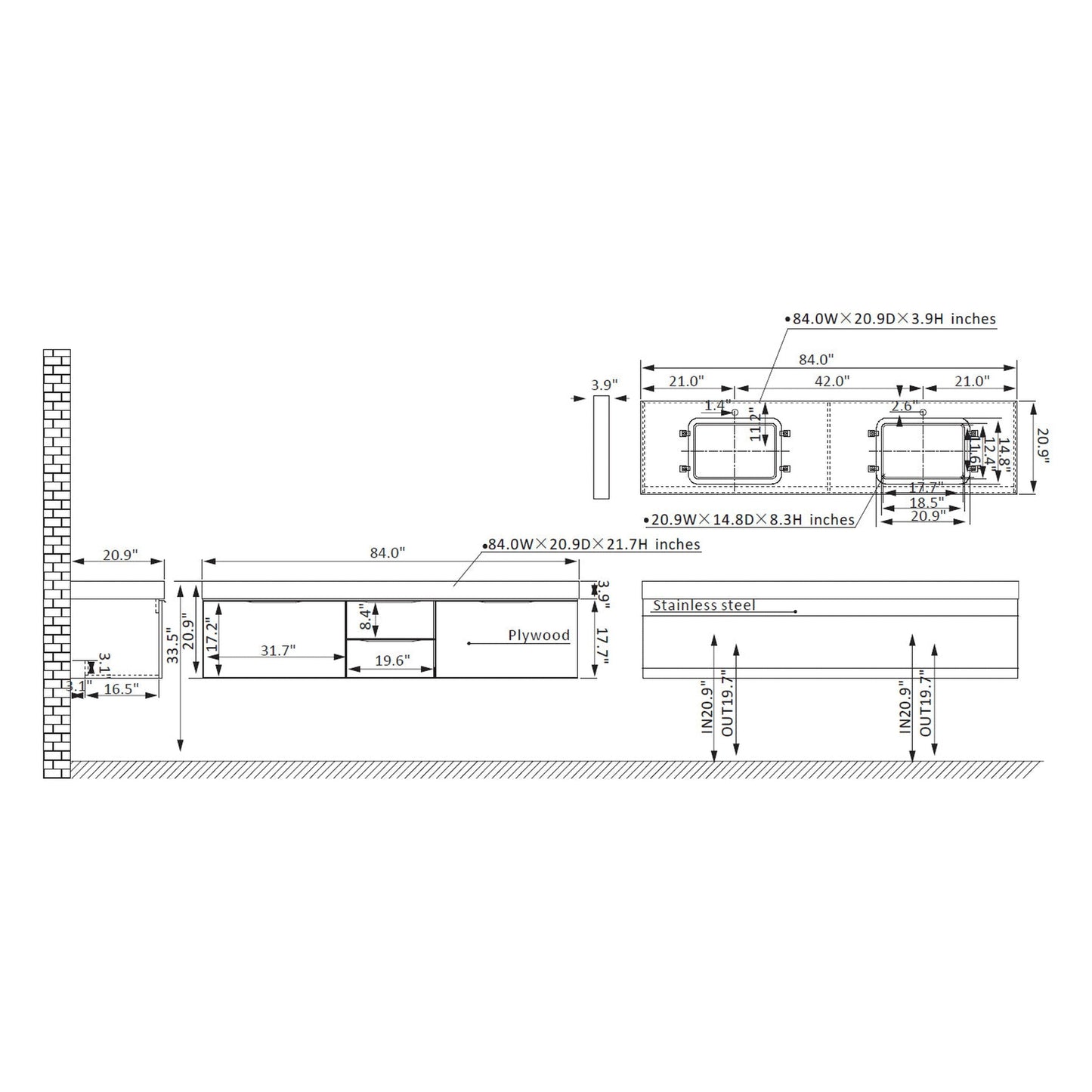 Vinnova Alicante 84" Double Vanity In Elegant Grey With White Sintered Stone Countertop And Undermount Sink Without Mirror