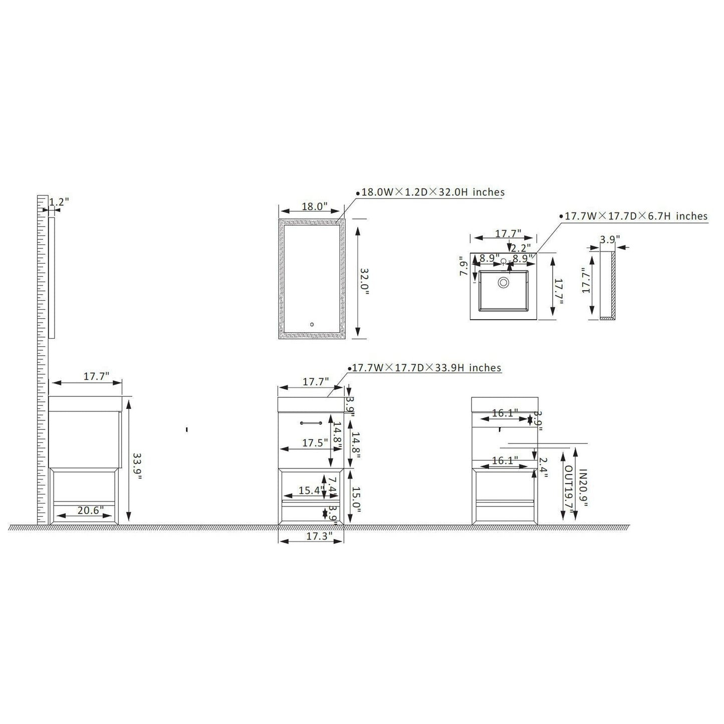 Vinnova Alistair 18" Single Sink Bath Vanity In North American Oak And Brushed Gold Finish With Whole Artificial Stone Basin Top And Mirror