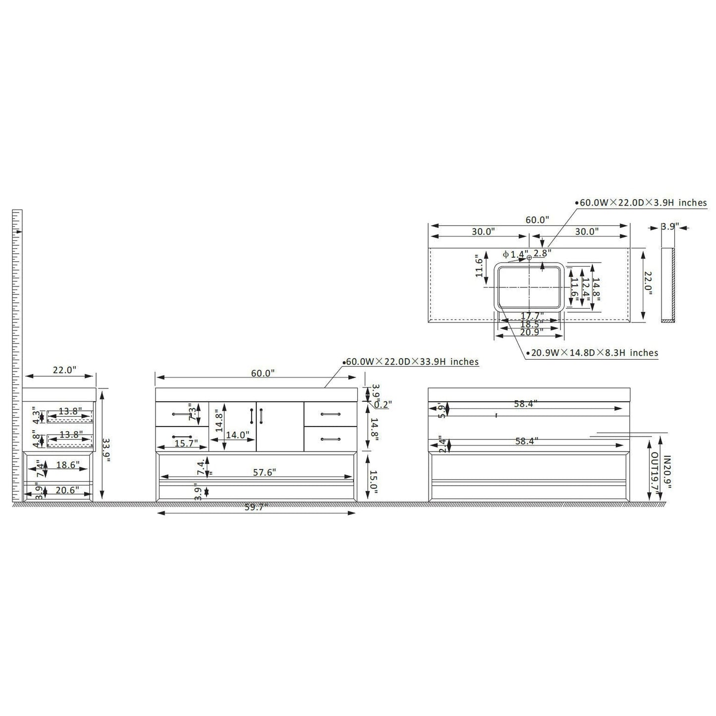 Vinnova Alistair 60" Single Sink Bath Vanity In North American Oak And Matte Black Finish With White Grain Stone Countertop