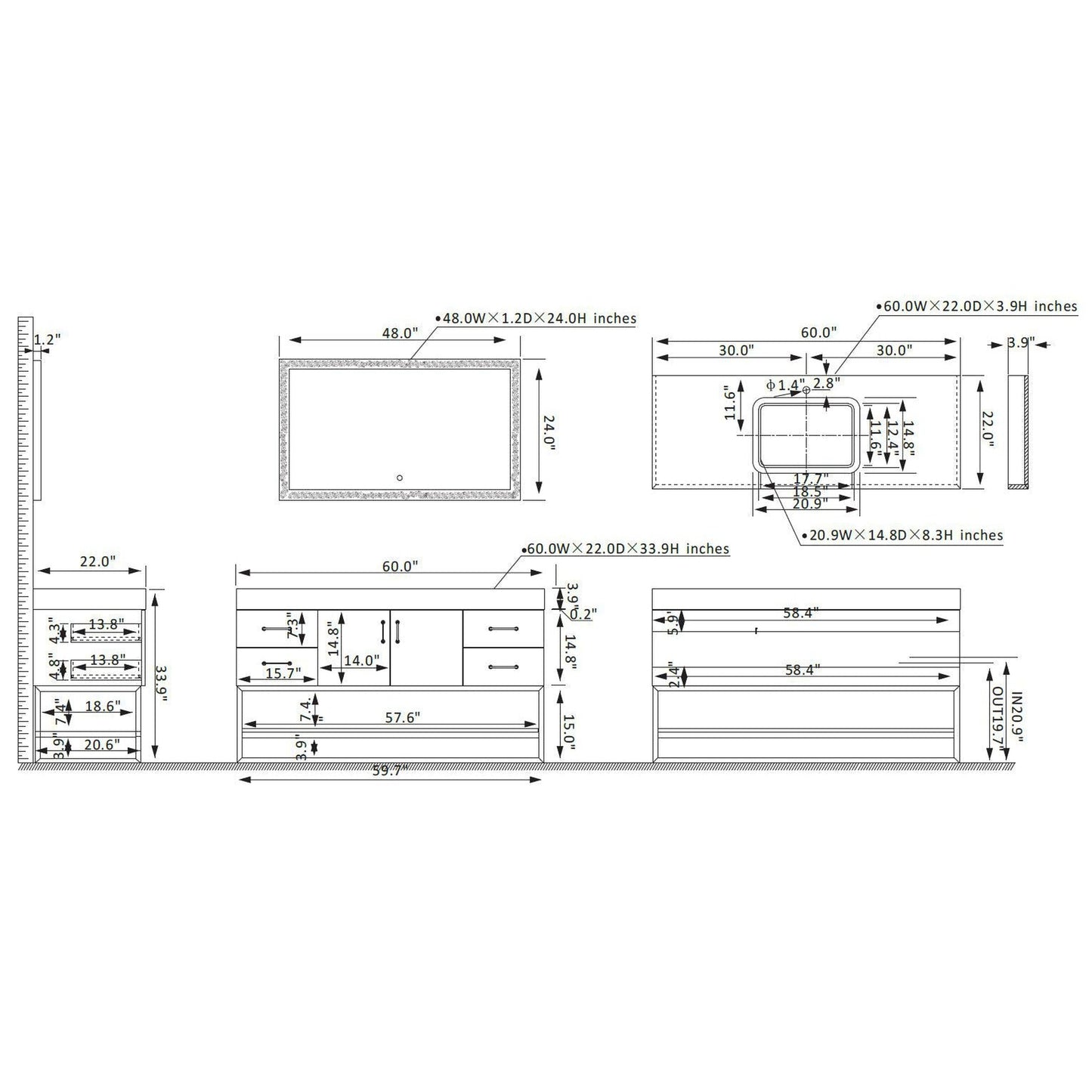 Vinnova Alistair 60" Single Sink Bath Vanity In North American Oak And Matte Black Finish With White Grain Stone Countertop And Mirror