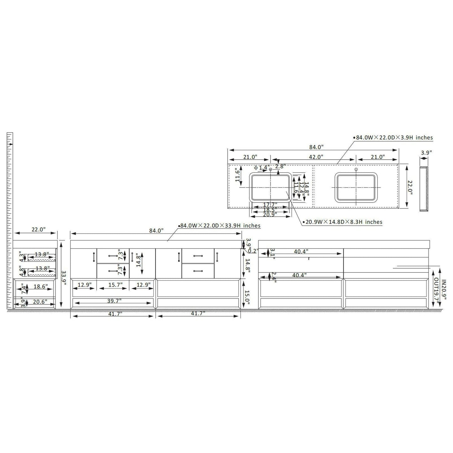 Vinnova Alistair 84" Double Sink Bath Vanity In North American Oak And Brushed Gold Finish With White Grain Stone Countertop
