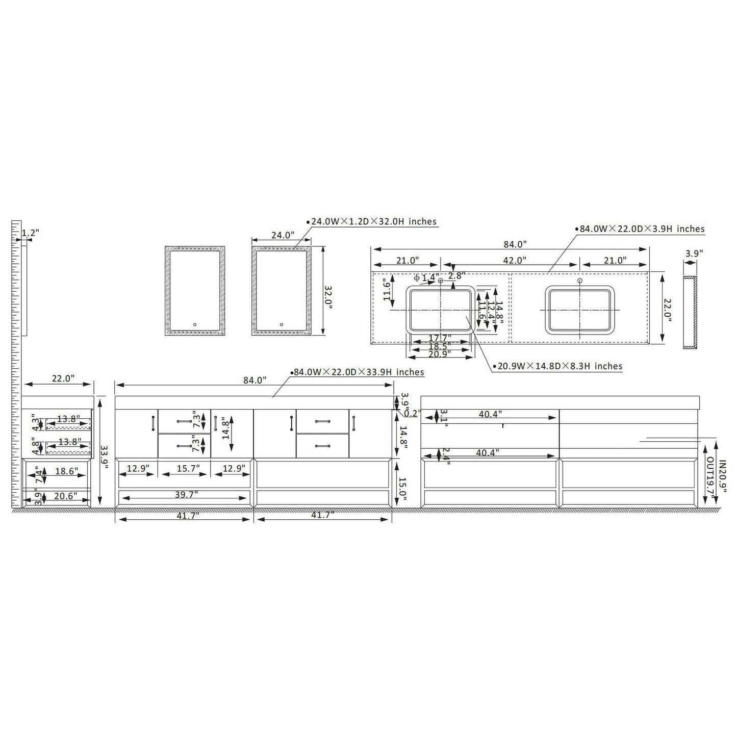 Vinnova Alistair 84" Double Sink Bath Vanity In North American Oak And Brushed Gold Finish With White Grain Stone Countertop And Mirror